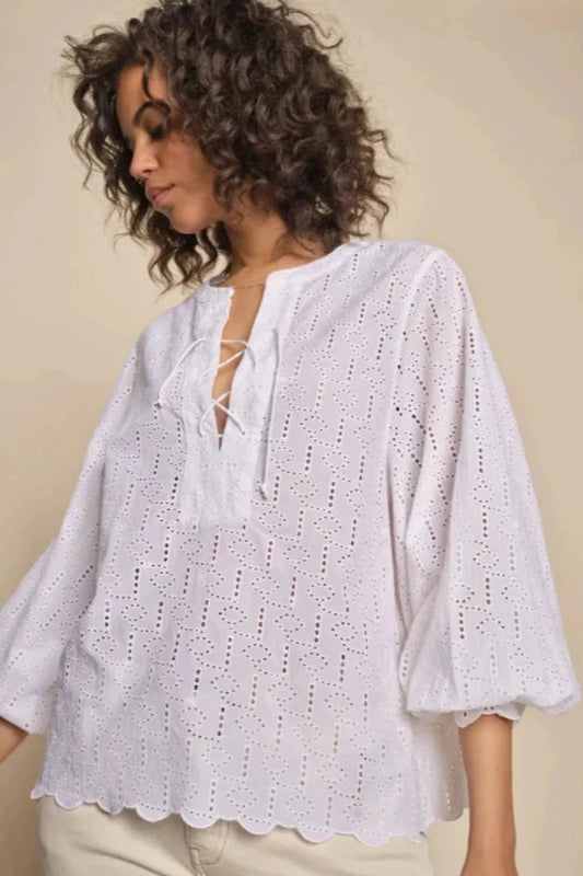 Yen Anglaise Tie Blouse/White