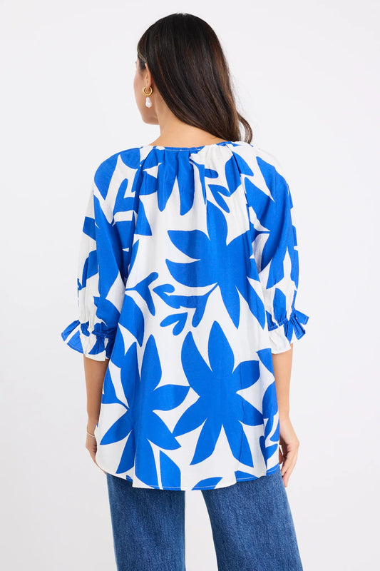 Antic Abstract Button Front SS Top / Bright Blue