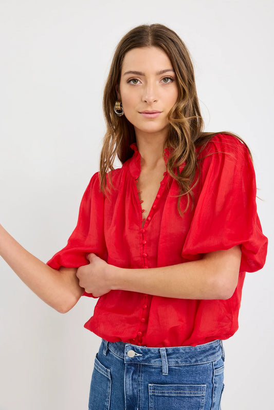 Continuance Ramie High Neck Buttoned SS Top / Poppy