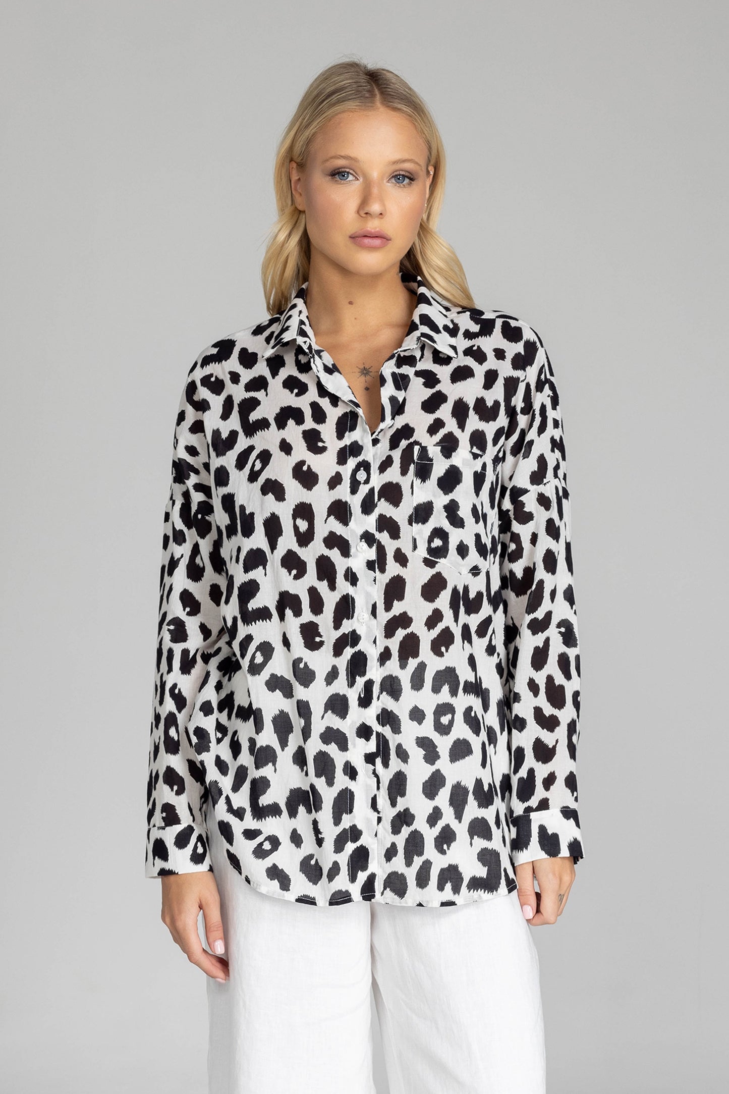 Defiant Shirt / Ivory with Black Leopard Print