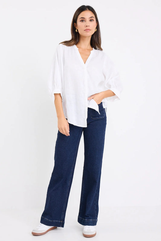Deity Linen Puff Sleeve Blouse / White