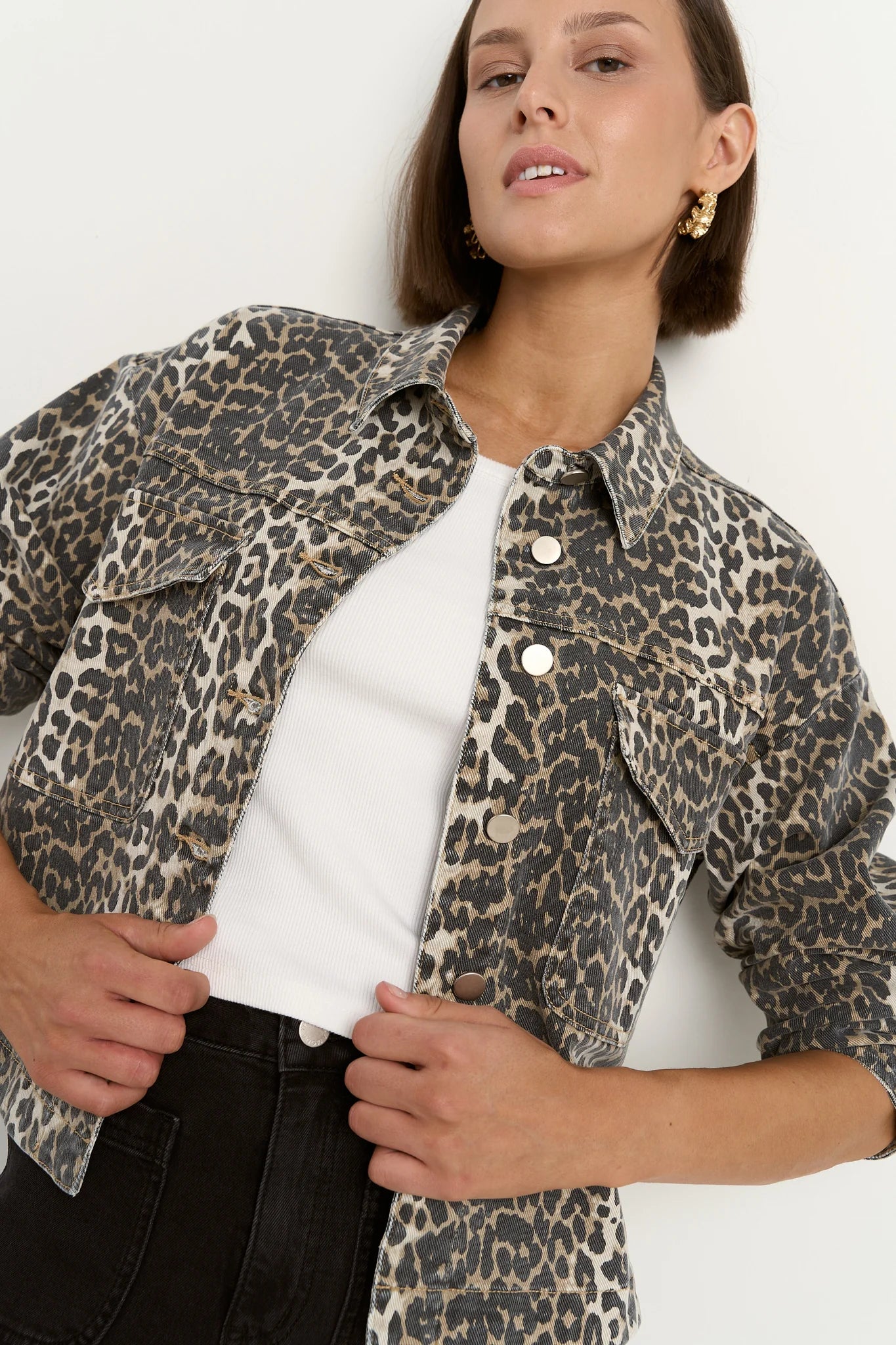 Echo Patch Pocket Denim Jacket / Leopard Print
