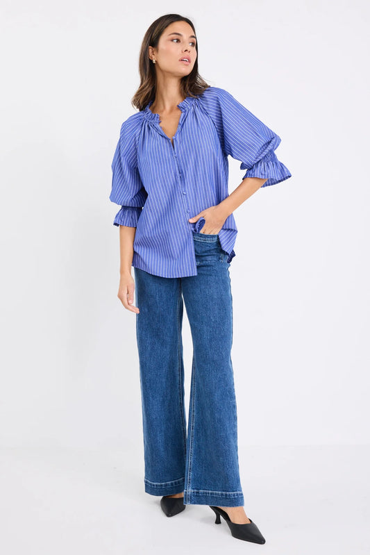 Noetic Stripe Short Sleeve Blouse / Dark Blue