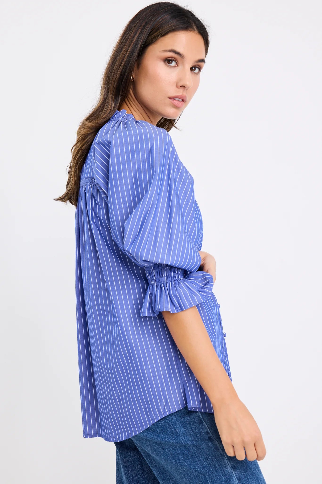 Noetic Stripe Short Sleeve Blouse / Dark Blue