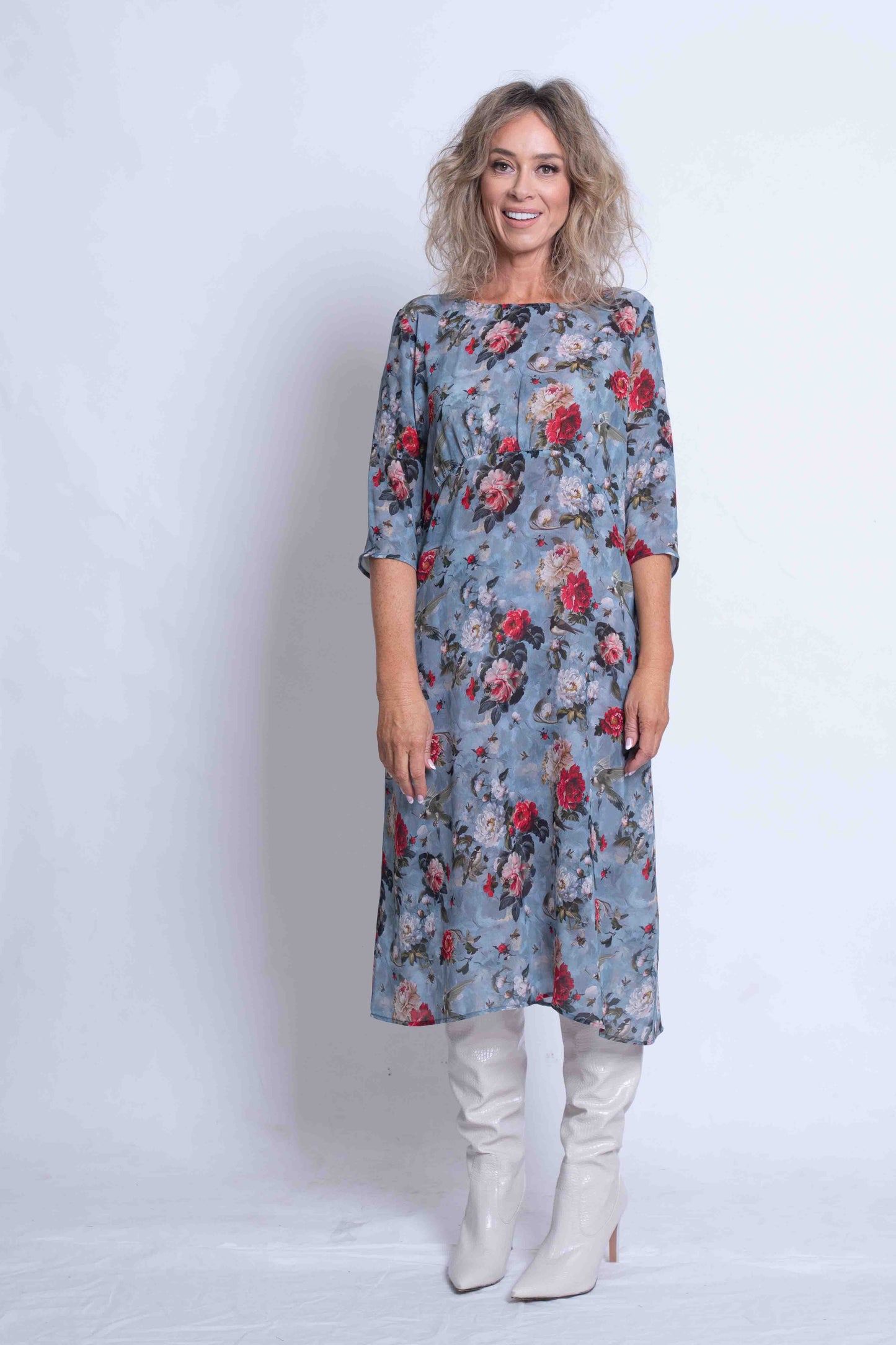 Dove Print Silk Gathered Shift Dress