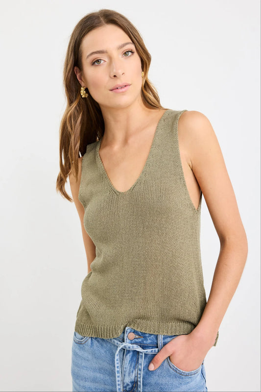 Settler V Neck Sleeveless Knit Top / Khaki