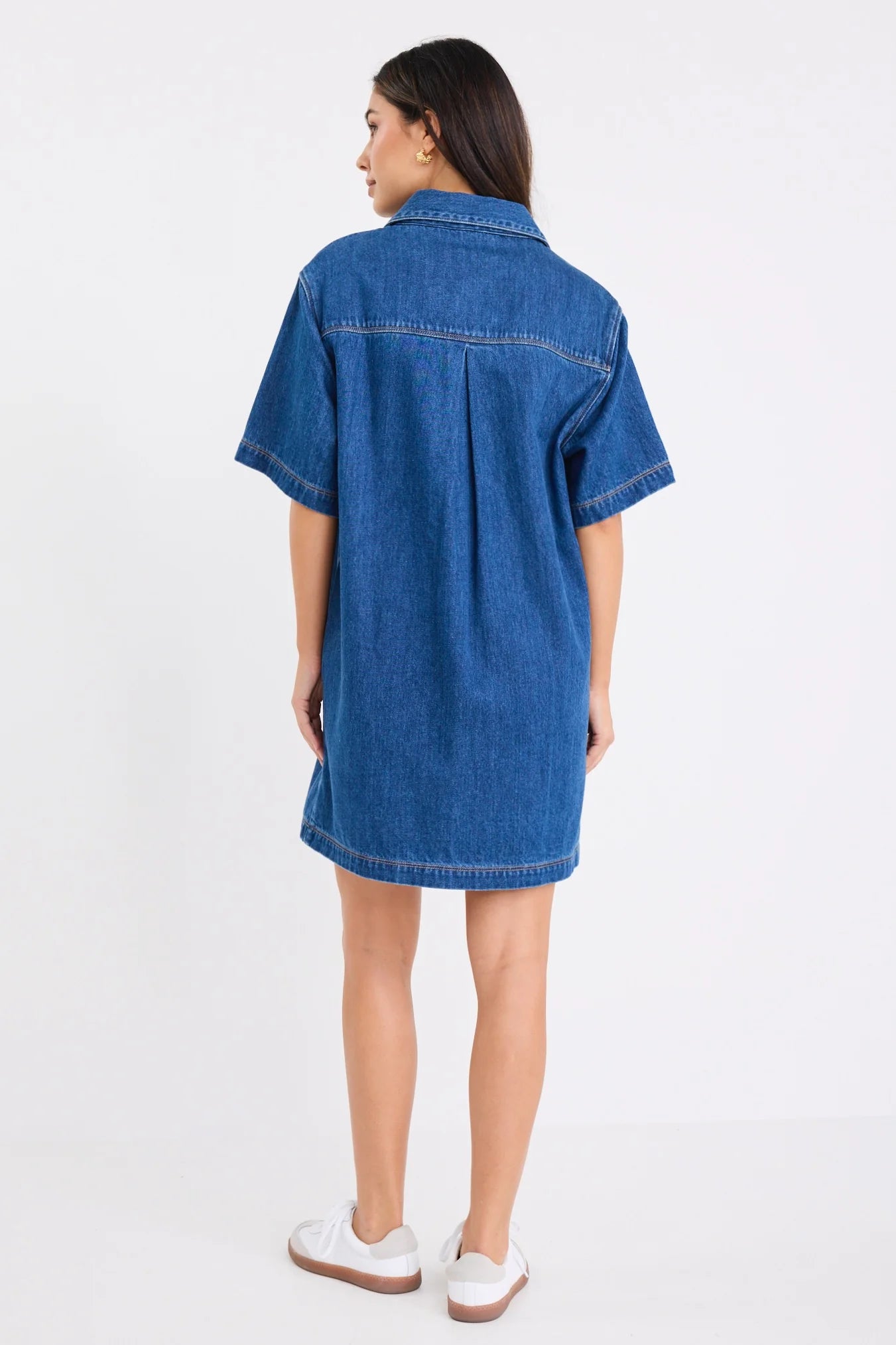 Shortcut Storm Short Sleeve Boxy Mini Shirt Dress / Blue Denim