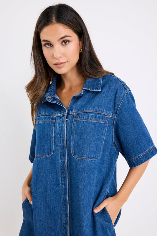 Shortcut Storm Short Sleeve Boxy Mini Shirt Dress / Blue Denim