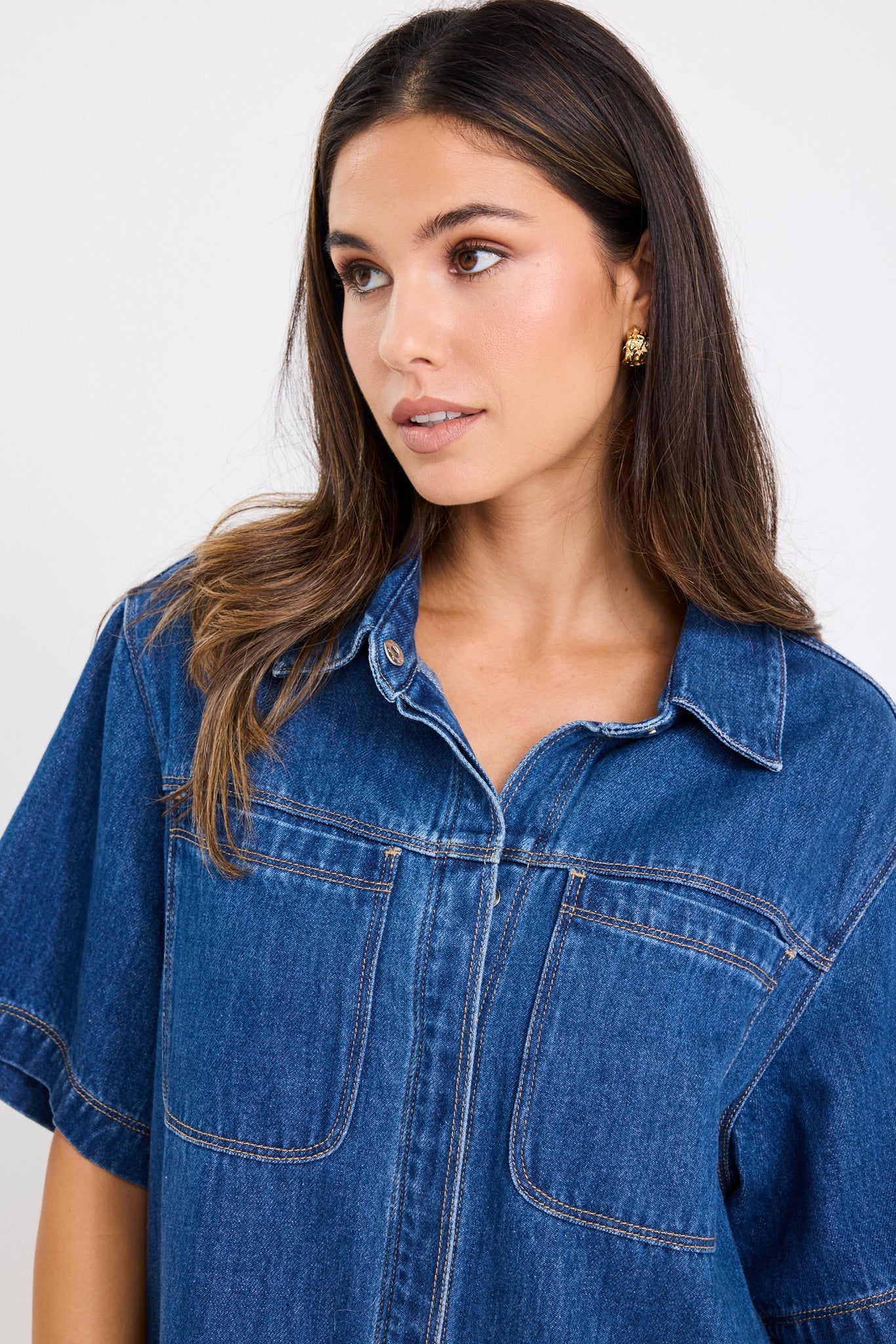 Shortcut Storm Short Sleeve Boxy Mini Shirt Dress / Blue Denim