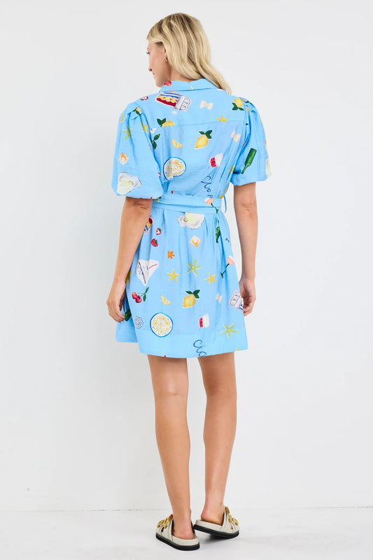 Sundown Holiday Puff Short Sleeve Mini Shirt Dress / Blue