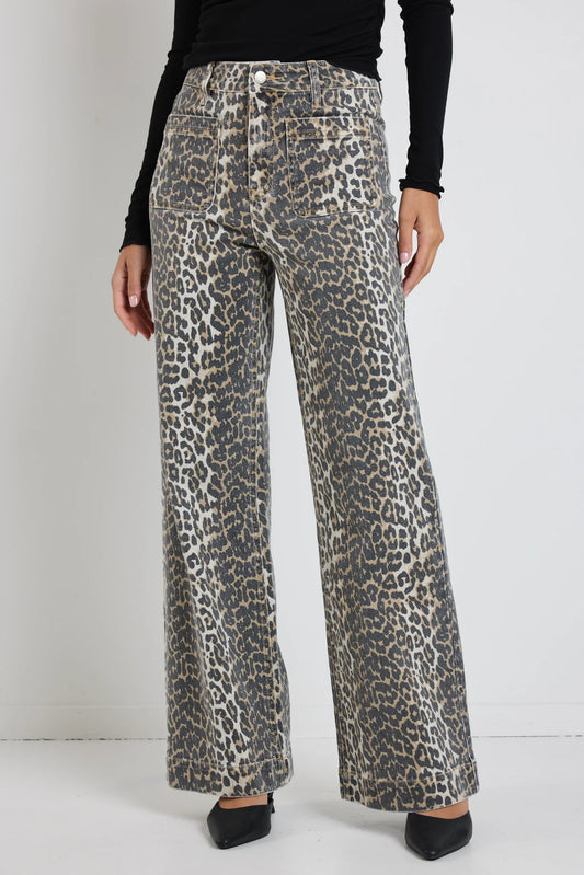 Zoey Leopard High Rise Wide Leg Pocket Jean - Leopard