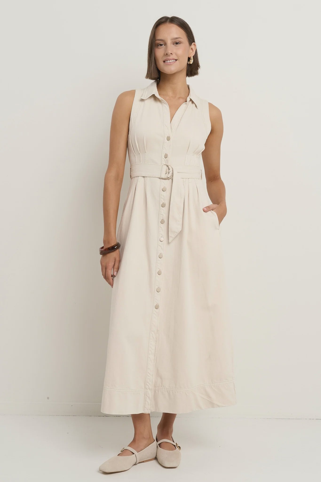 Crescent Denim Sleeveless Midi Shirt Dress / Ecru