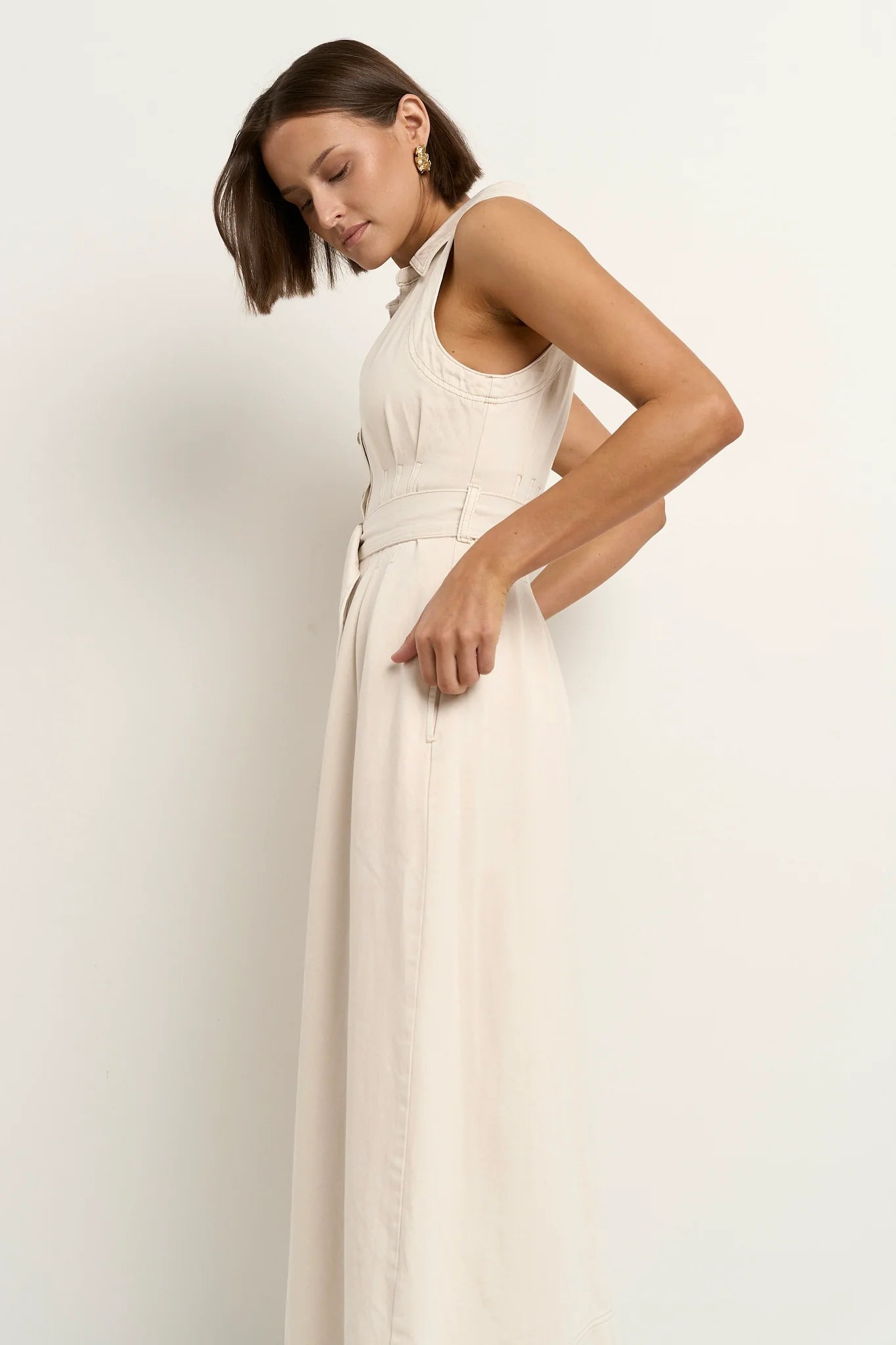 Crescent Denim Sleeveless Midi Shirt Dress / Ecru