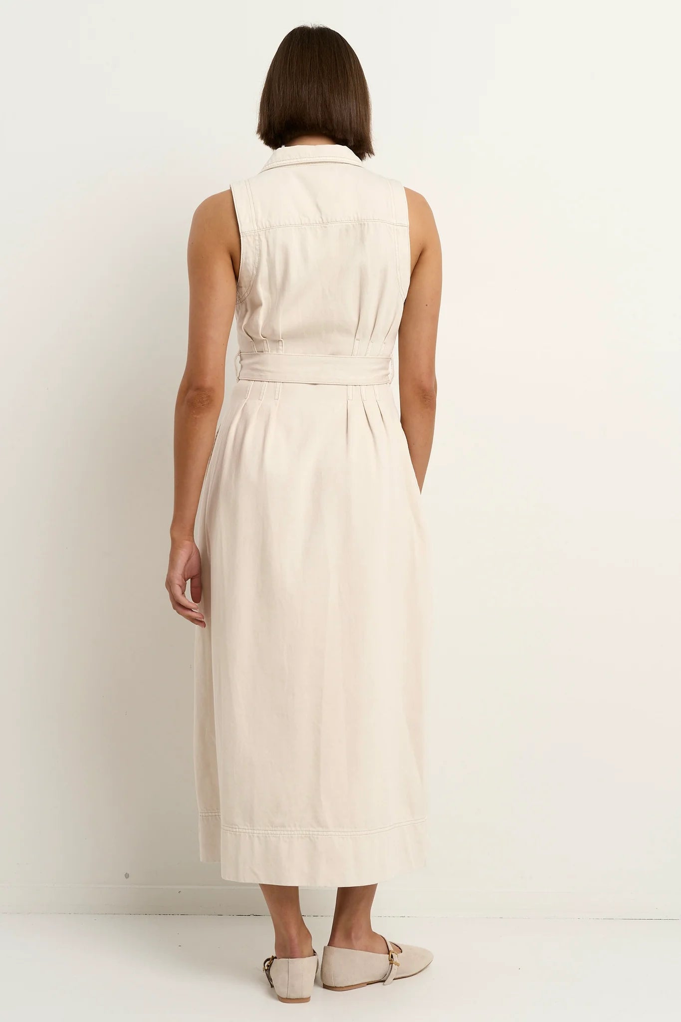 Crescent Denim Sleeveless Midi Shirt Dress / Ecru