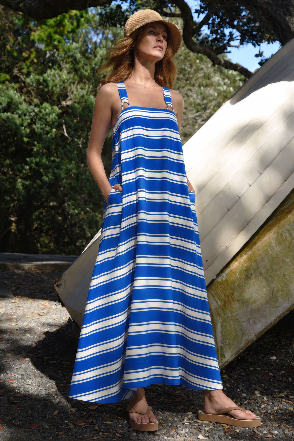Strap Star Dress / Blue Ivory Stripe