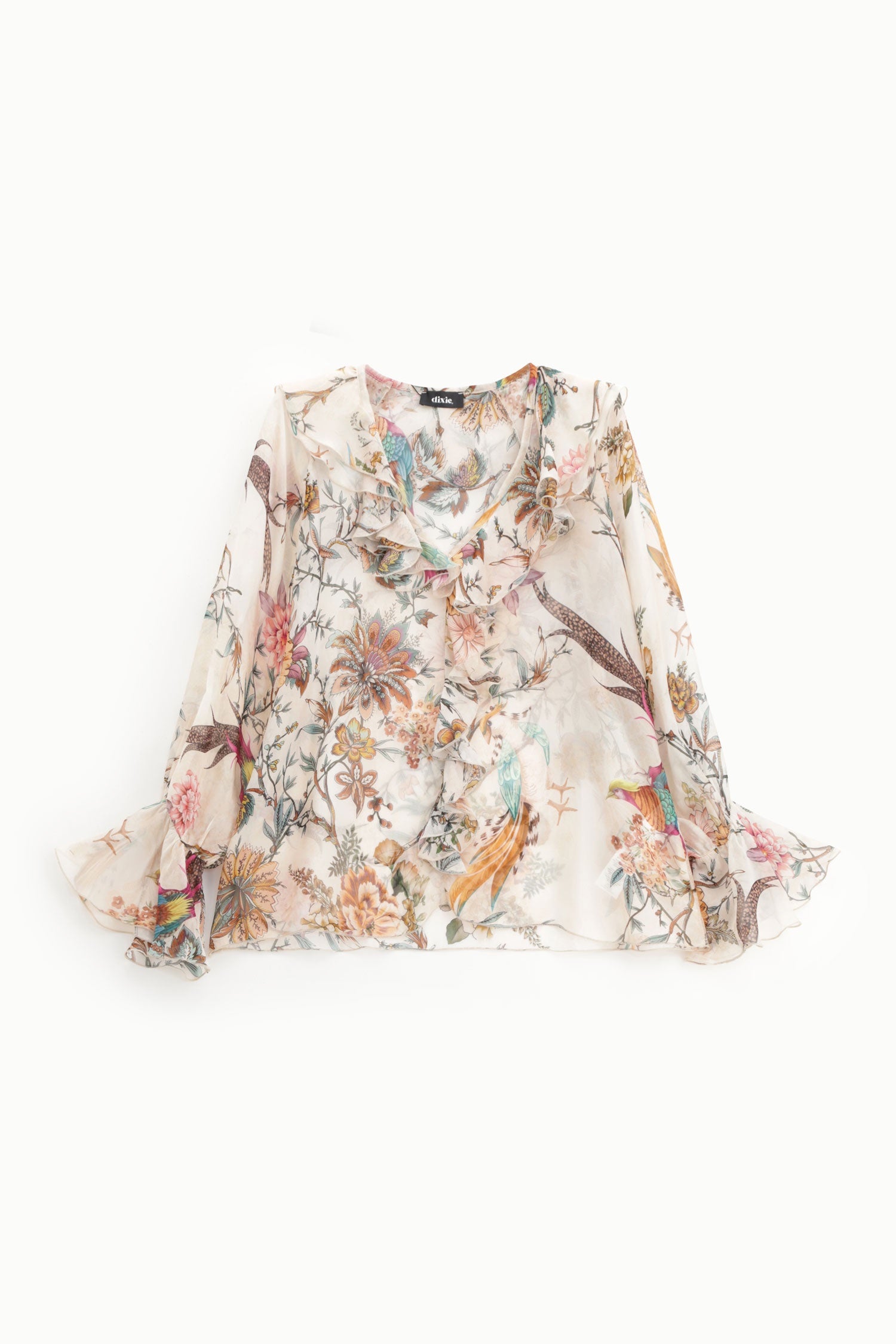 A long-sleeve blouse with a ruffled V-neckline and a colorful floral and bird print on a light beige background, shown against a plain white background.