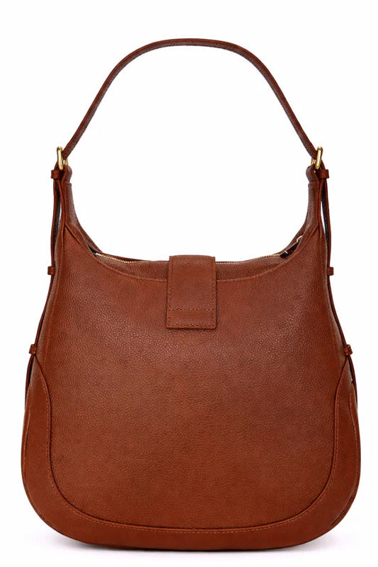 Brown leather handbag on a white background
