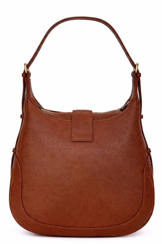 Brown leather handbag on a white background