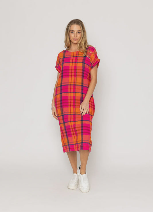 Mekka dress/orange pink tartan print