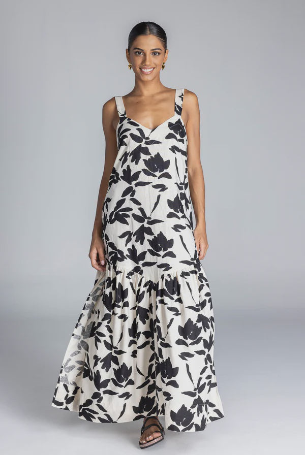 Woman wearing a floral dress on a gray background