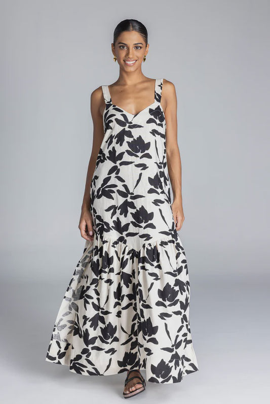 Woman wearing a floral dress on a gray background