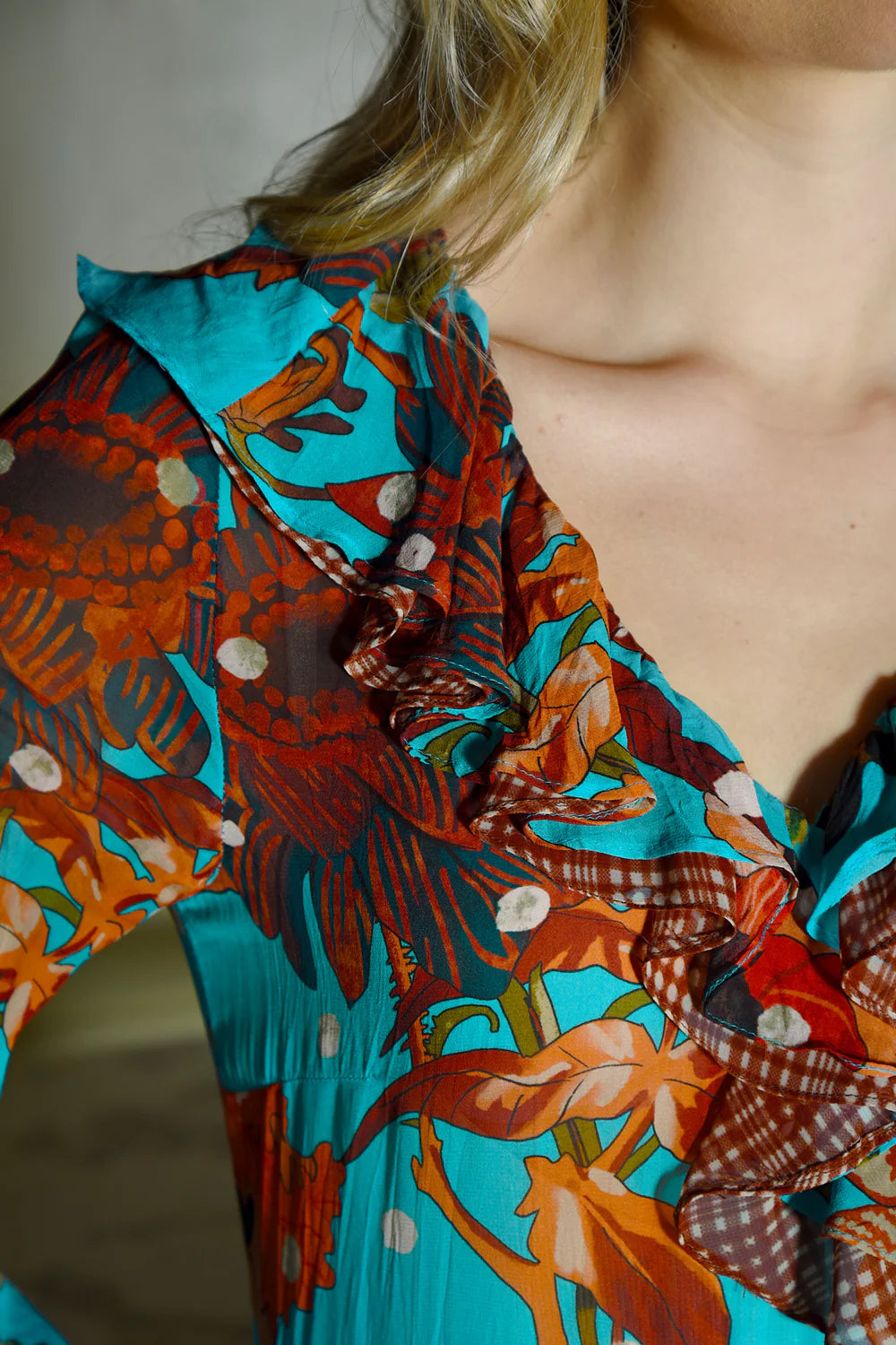 Frilling Effect Dress/ Blue Floral