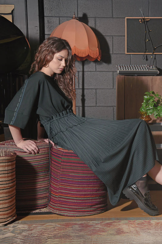 Pleating Moments Dress / Ink Pinstripe