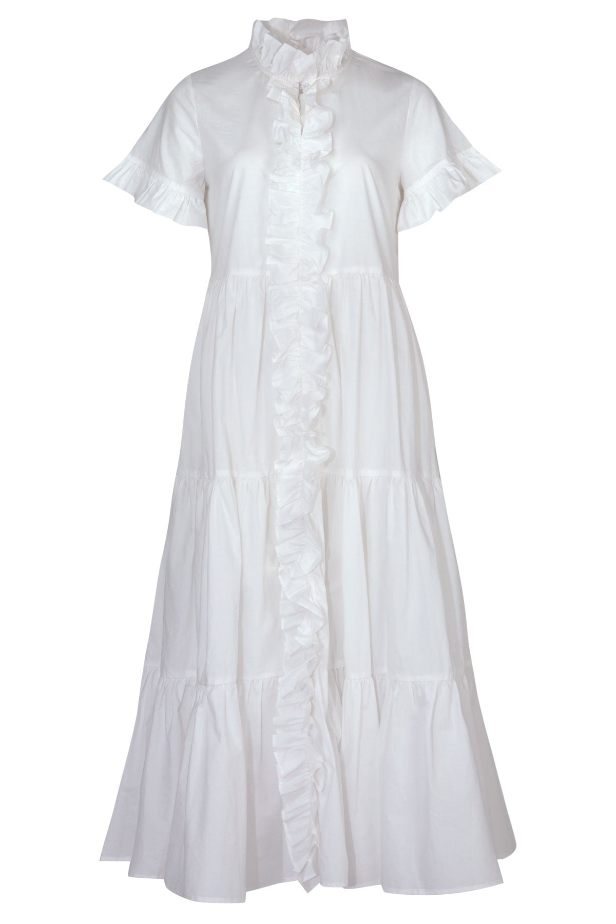 A white tiered midi dress with short ruffled sleeves, a high ruffled collar, and a vertical ruffle detail down the front center, shown against a plain white background.