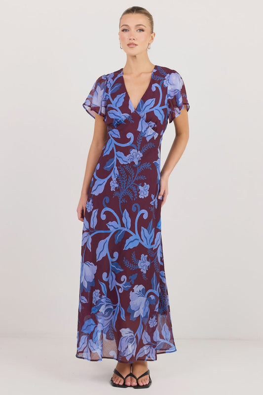 Chariot Flutter Sleeve Maxi Dress / Burgundy Blue Floral