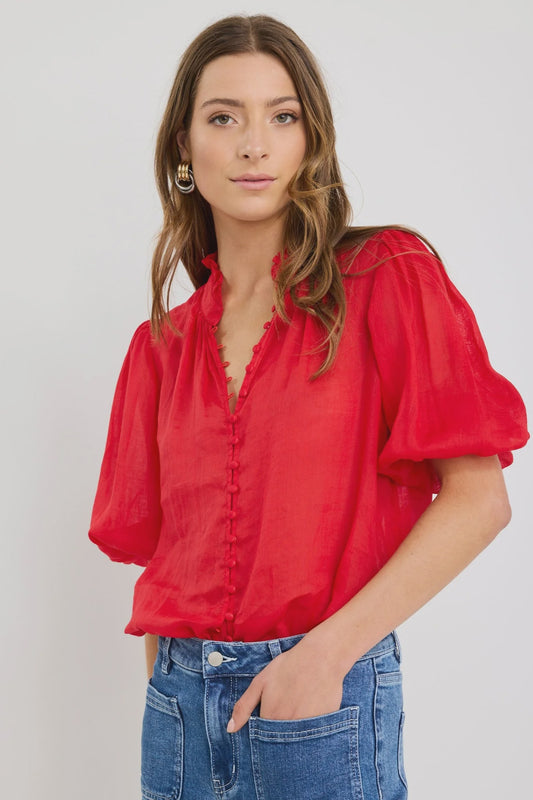 Continuance Ramie High Neck Buttoned SS Top / Poppy
