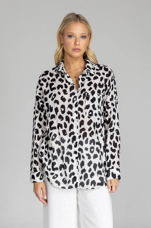Defiant Shirt / Ivory with Black Leopard Print