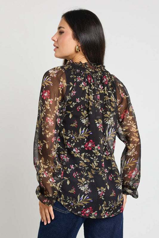 Deft Black Posy LS Blouse / Floral Sheer