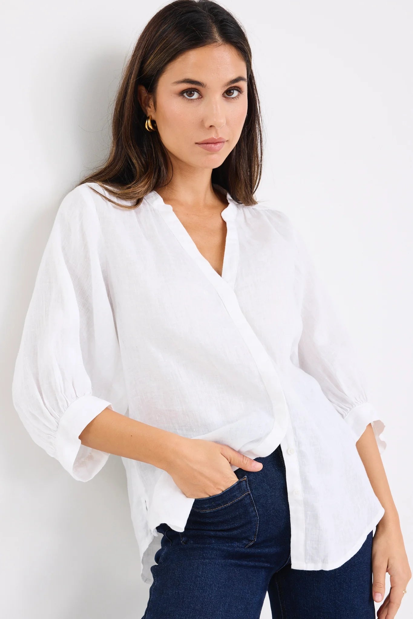 Deity Linen Puff Sleeve Blouse / White