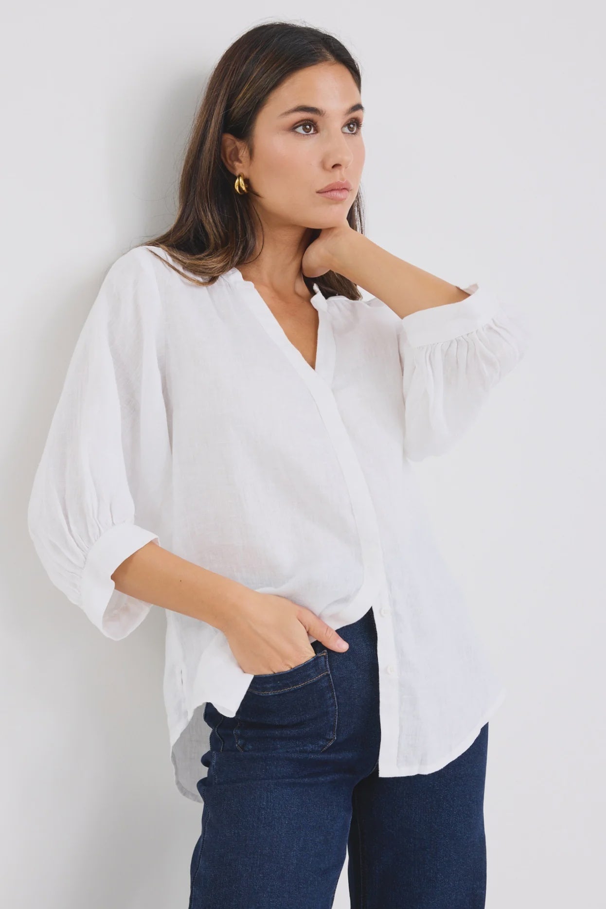 Deity Linen Puff Sleeve Blouse / White