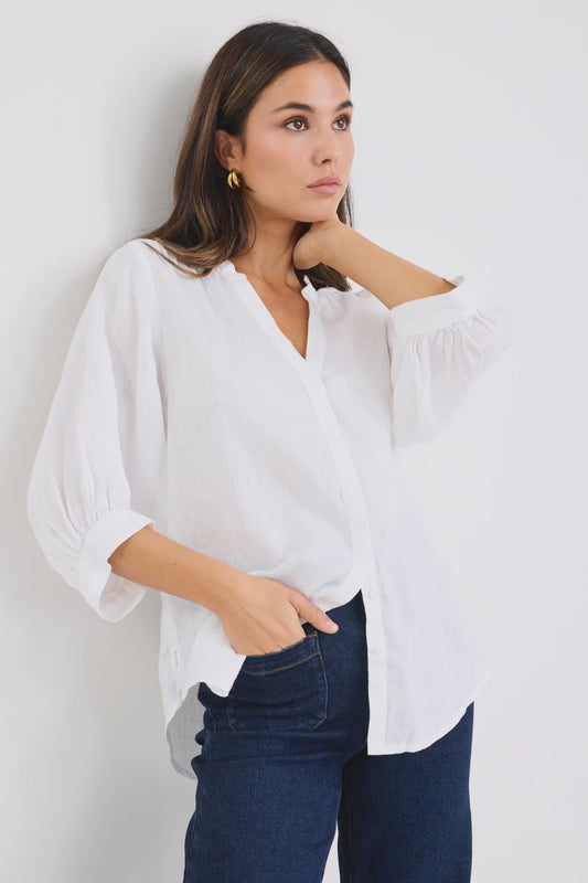 Deity Linen Puff Sleeve Blouse / White