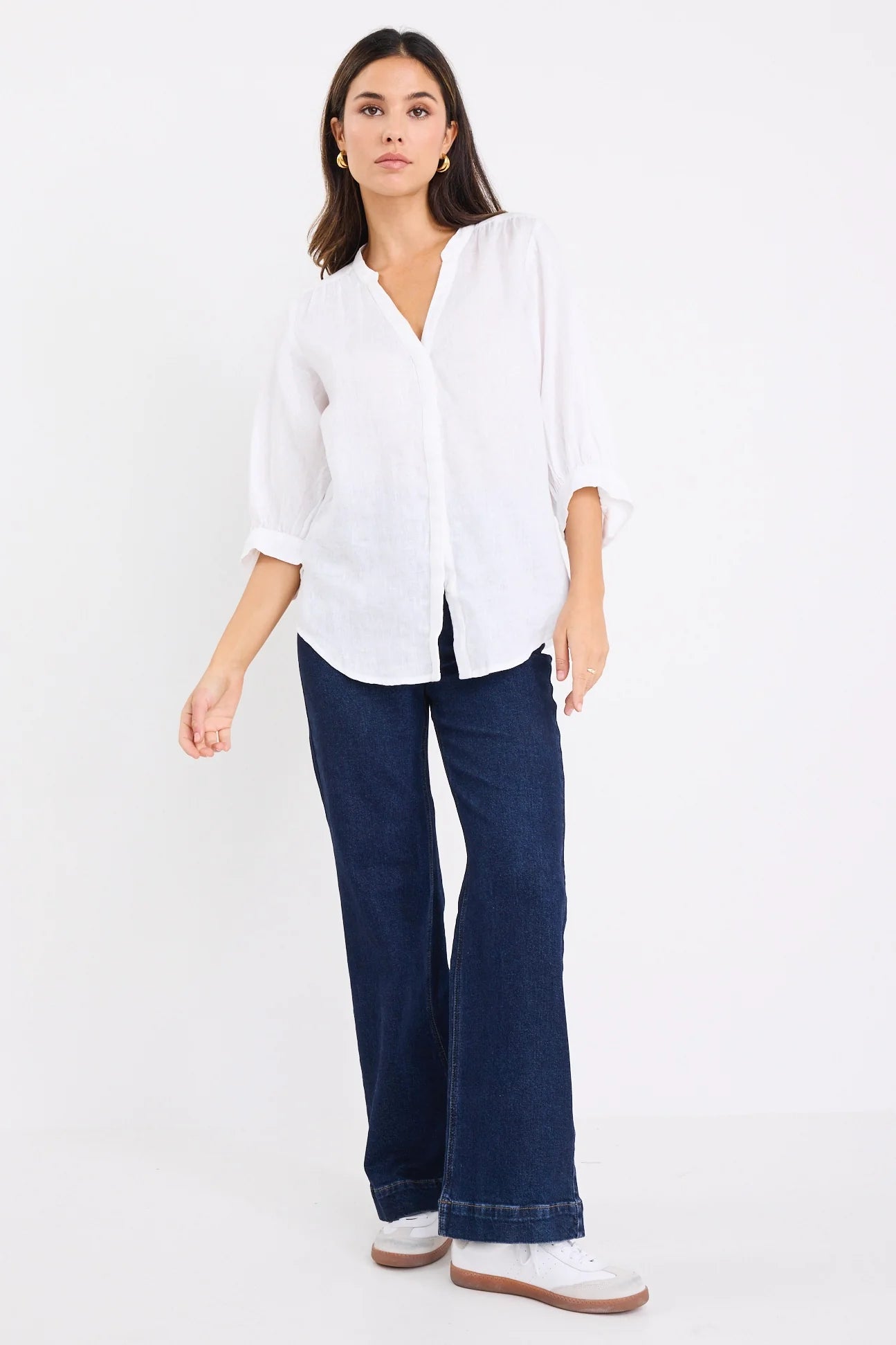 Deity Linen Puff Sleeve Blouse / White