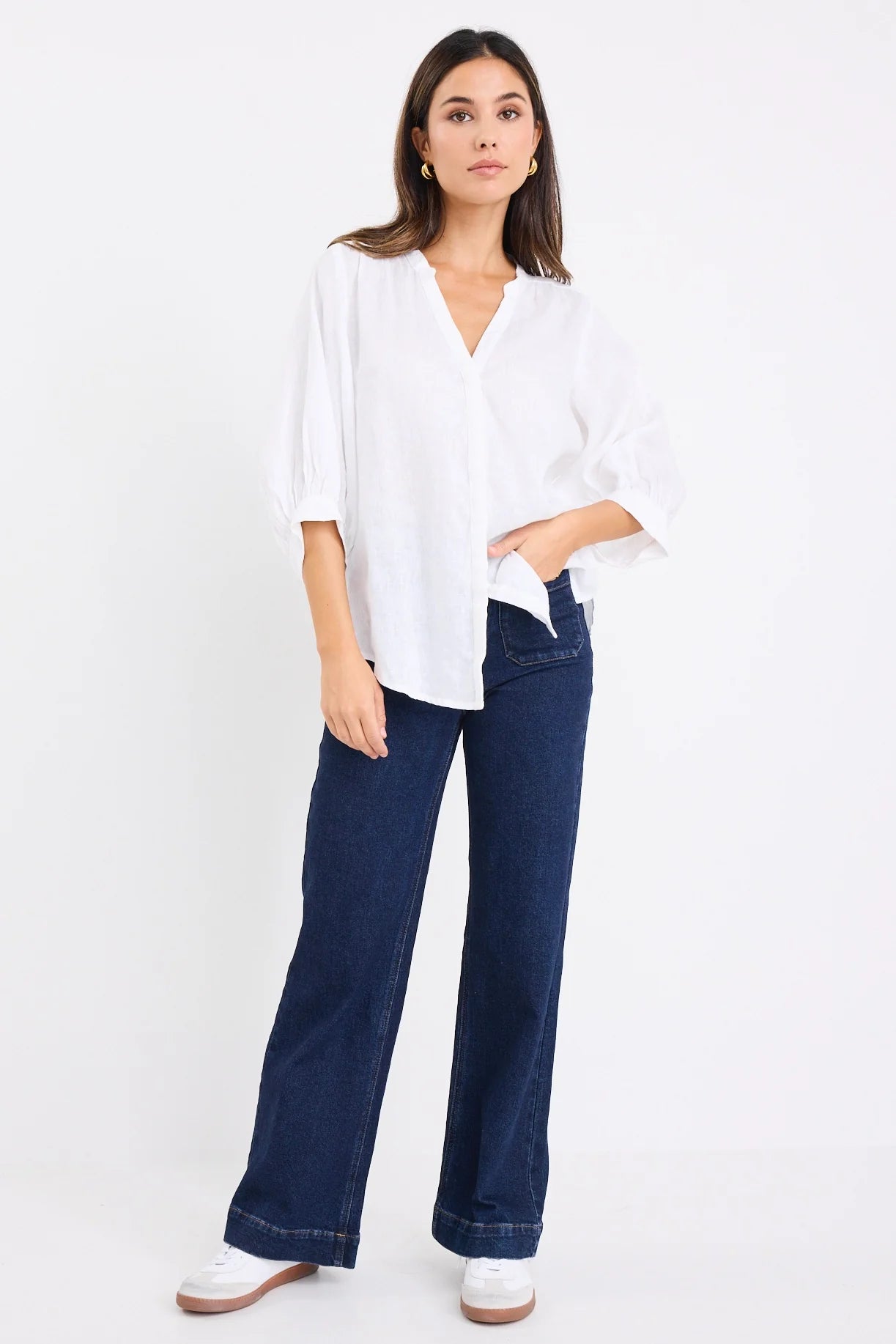 Deity Linen Puff Sleeve Blouse / White