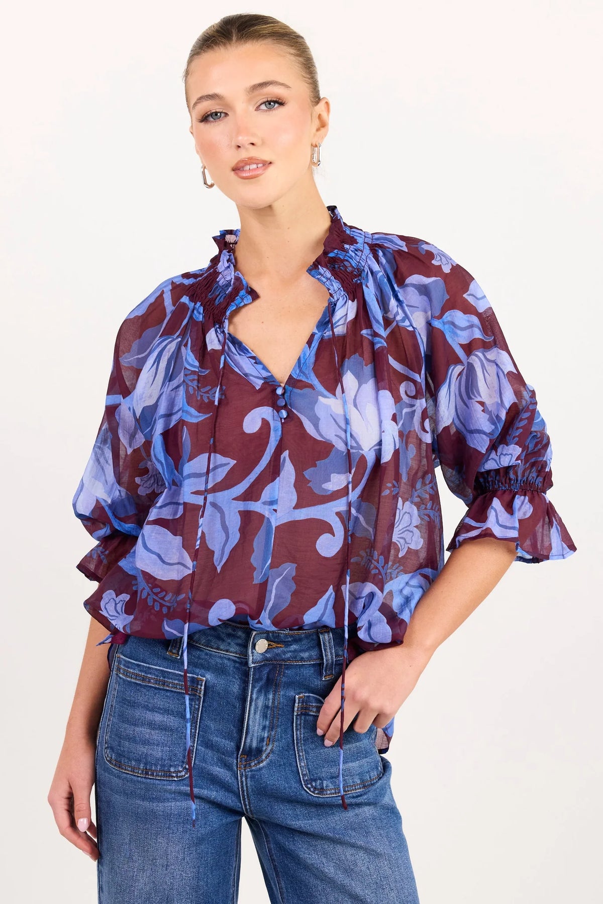 Expedition Shirred Neck Short Sleeve Top / Burgundy Blue Floral