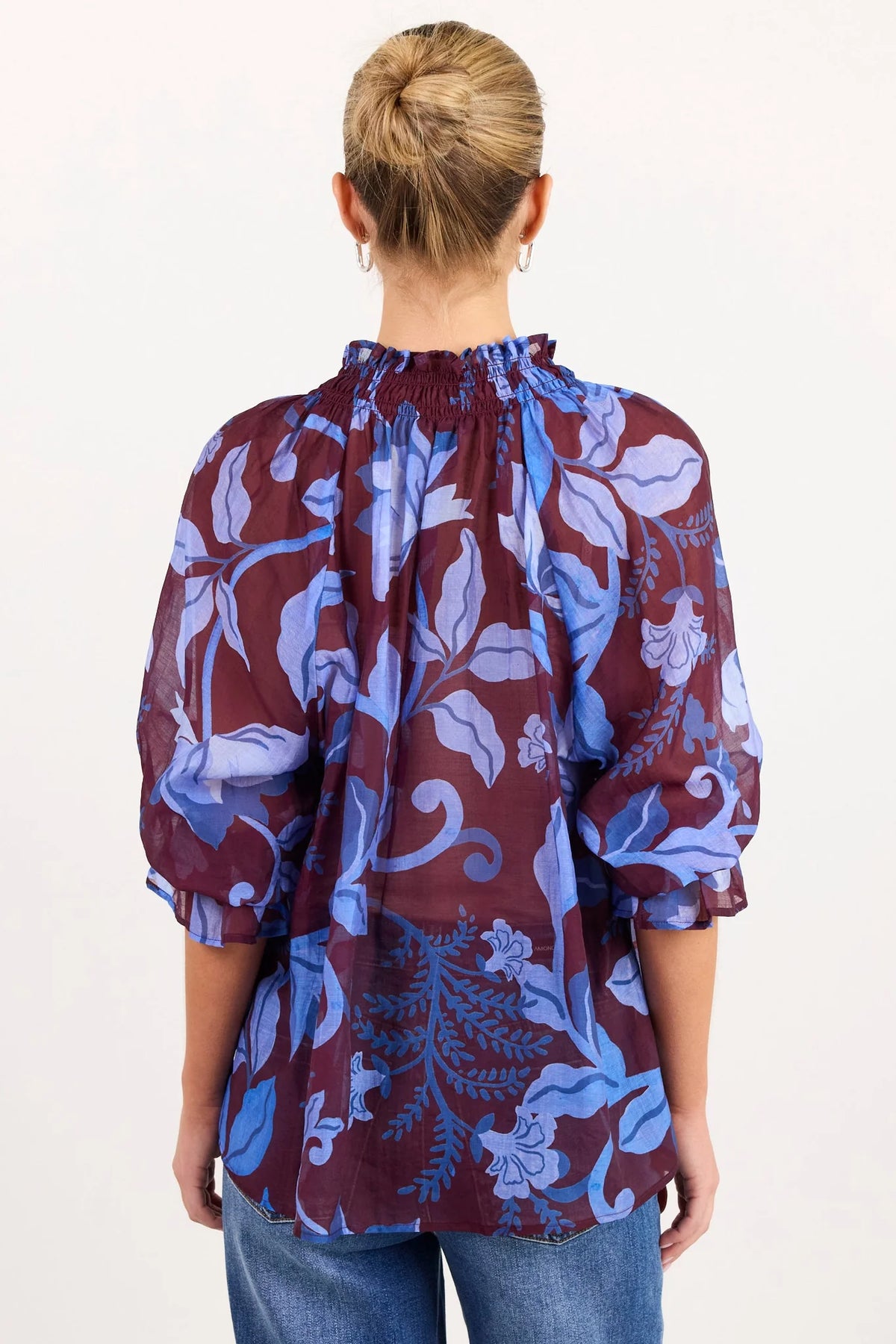 Expedition Shirred Neck Short Sleeve Top / Burgundy Blue Floral