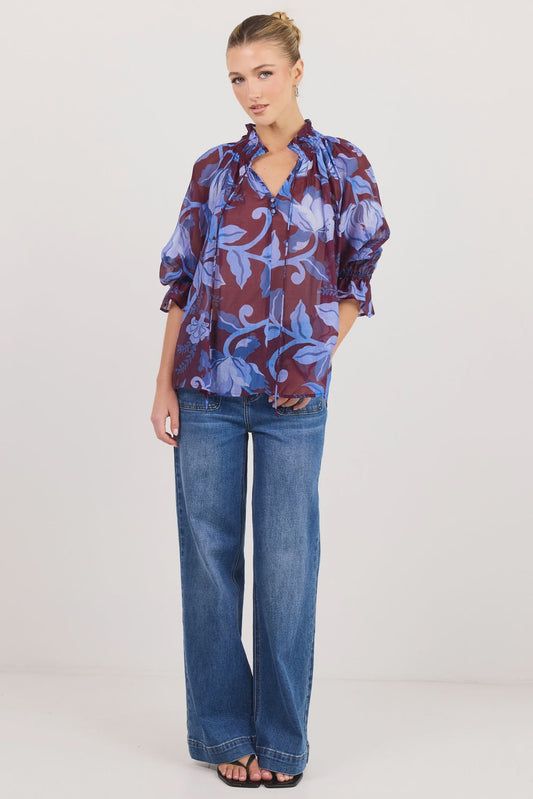 Expedition Shirred Neck Short Sleeve Top / Burgundy Blue Floral