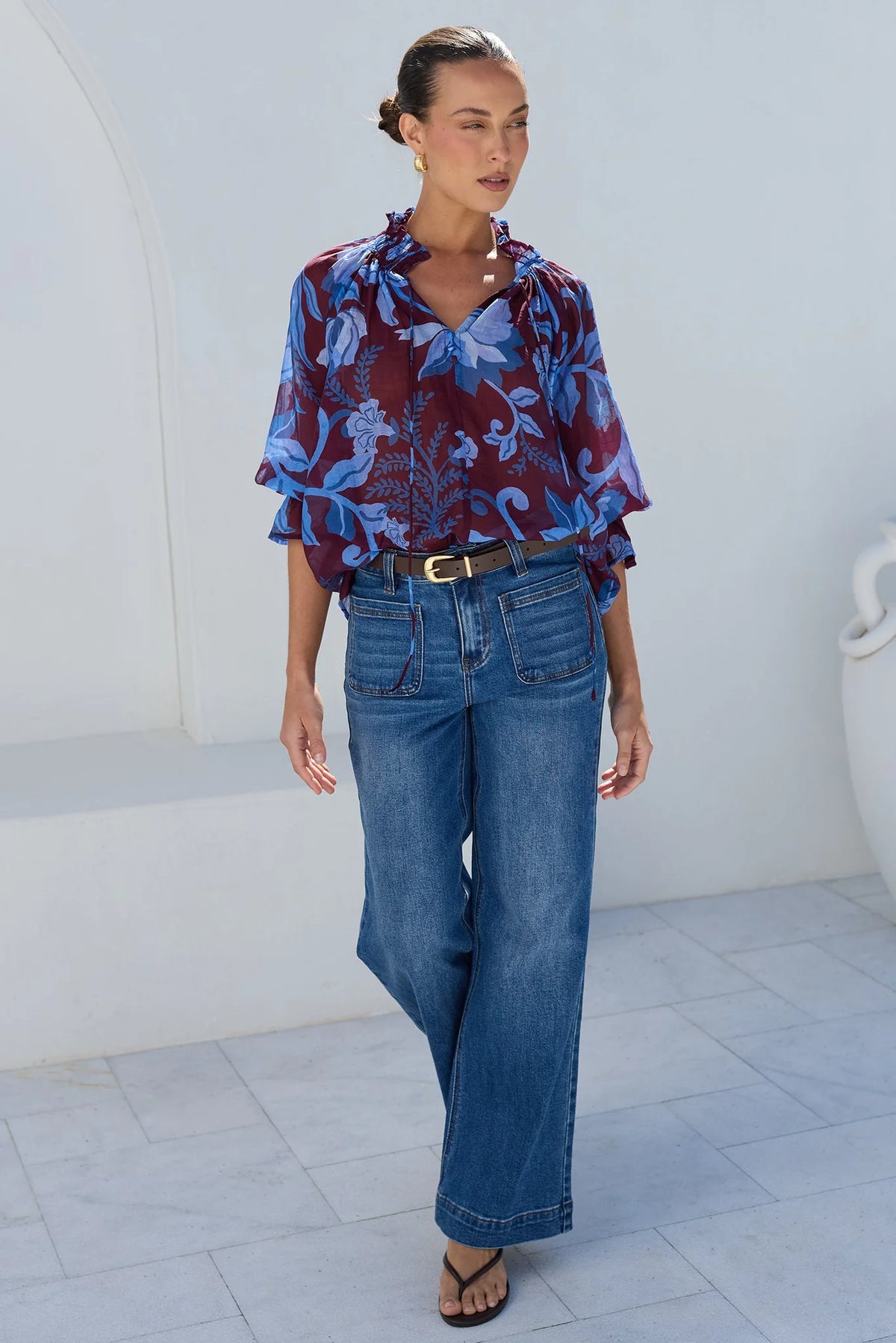 Expedition Shirred Neck Short Sleeve Top / Burgundy Blue Floral