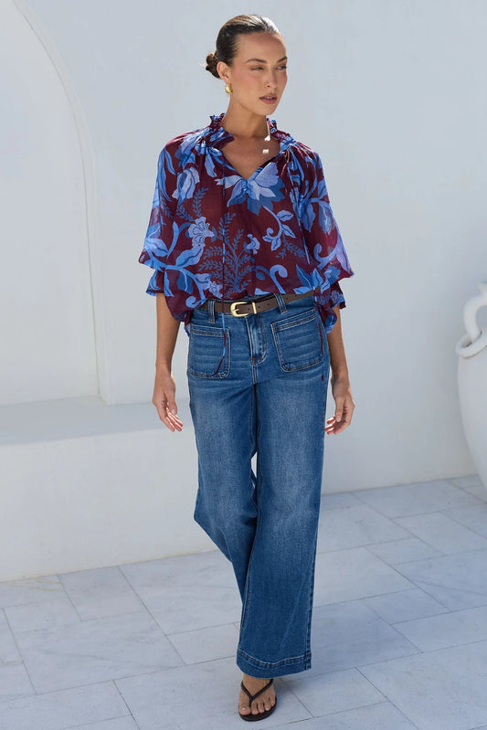 Expedition Shirred Neck Short Sleeve Top / Burgundy Blue Floral
