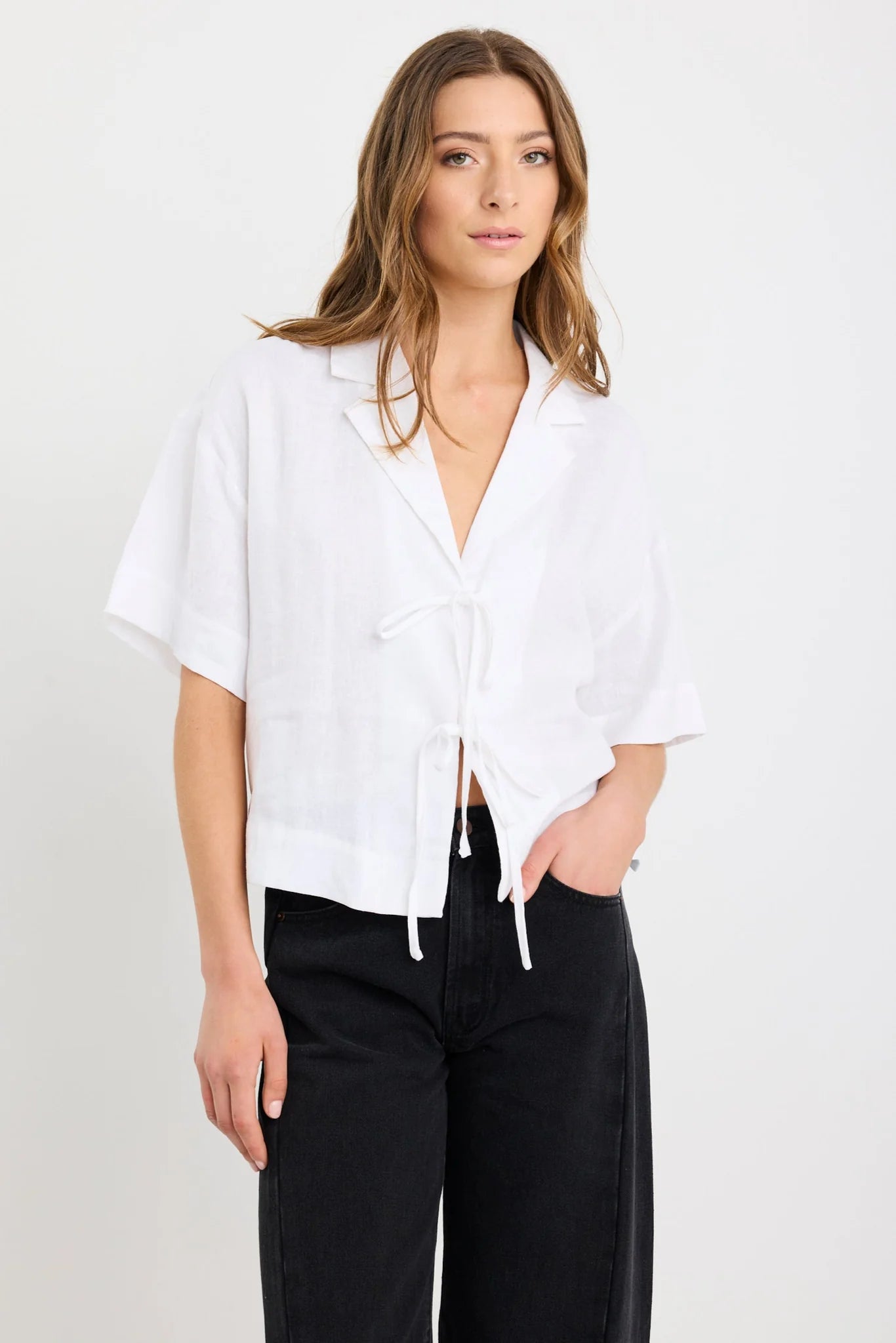 Fasten Linen Tie Front Shirt / Ivory