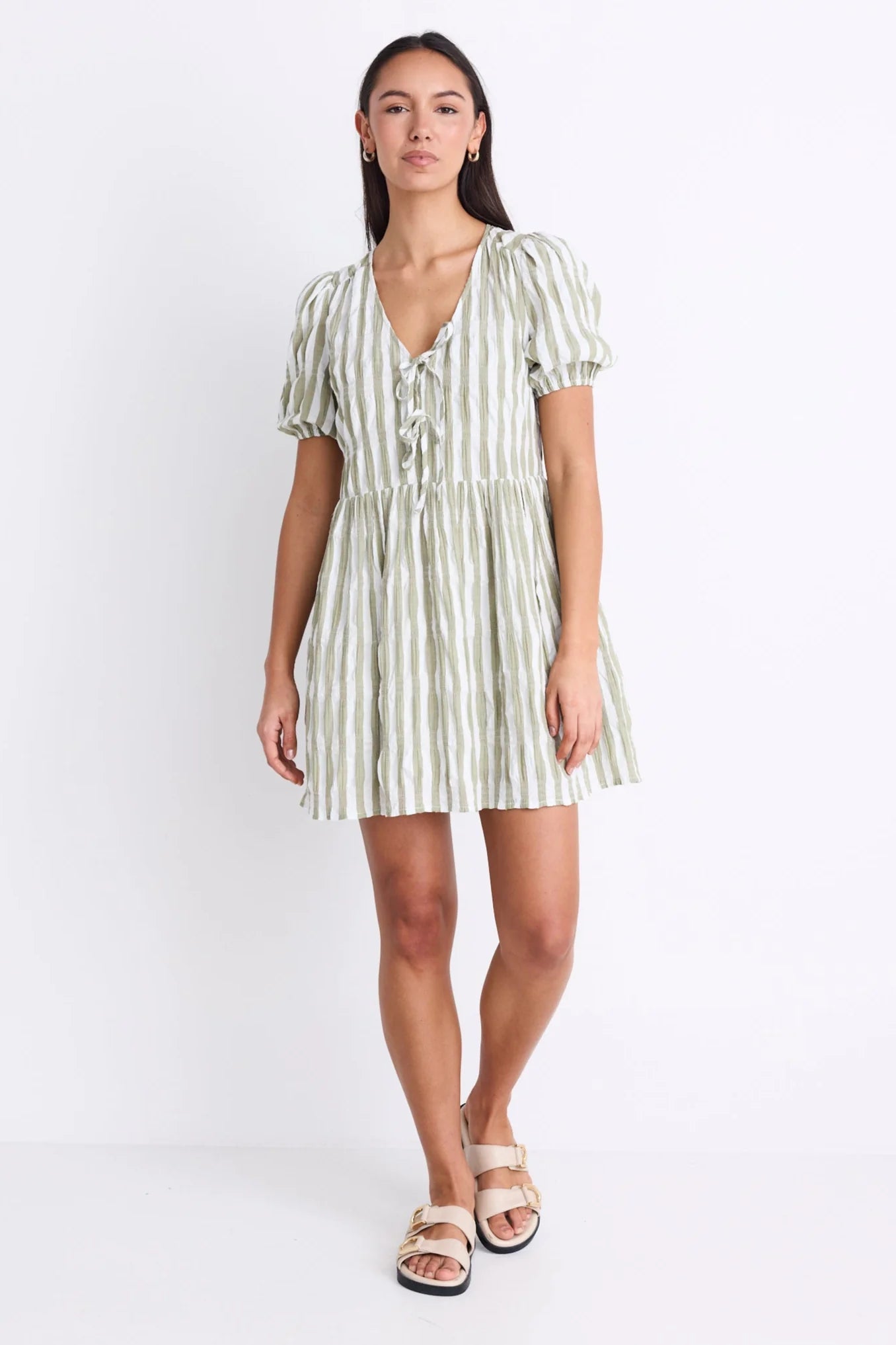 Frontier Puff Sleeve Tie Mini Dress / Khaki Stripe