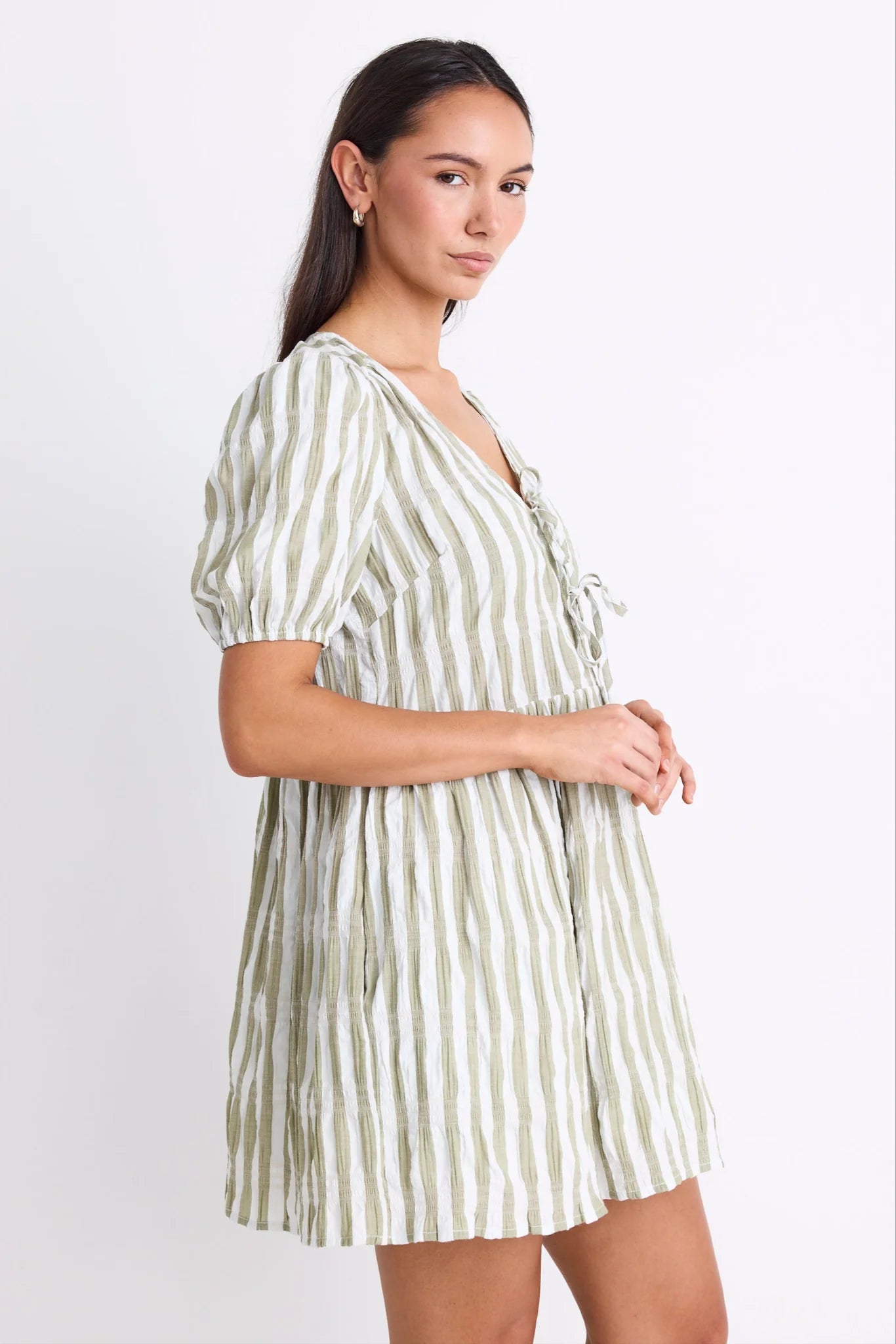 Frontier Puff Sleeve Tie Mini Dress / Khaki Stripe