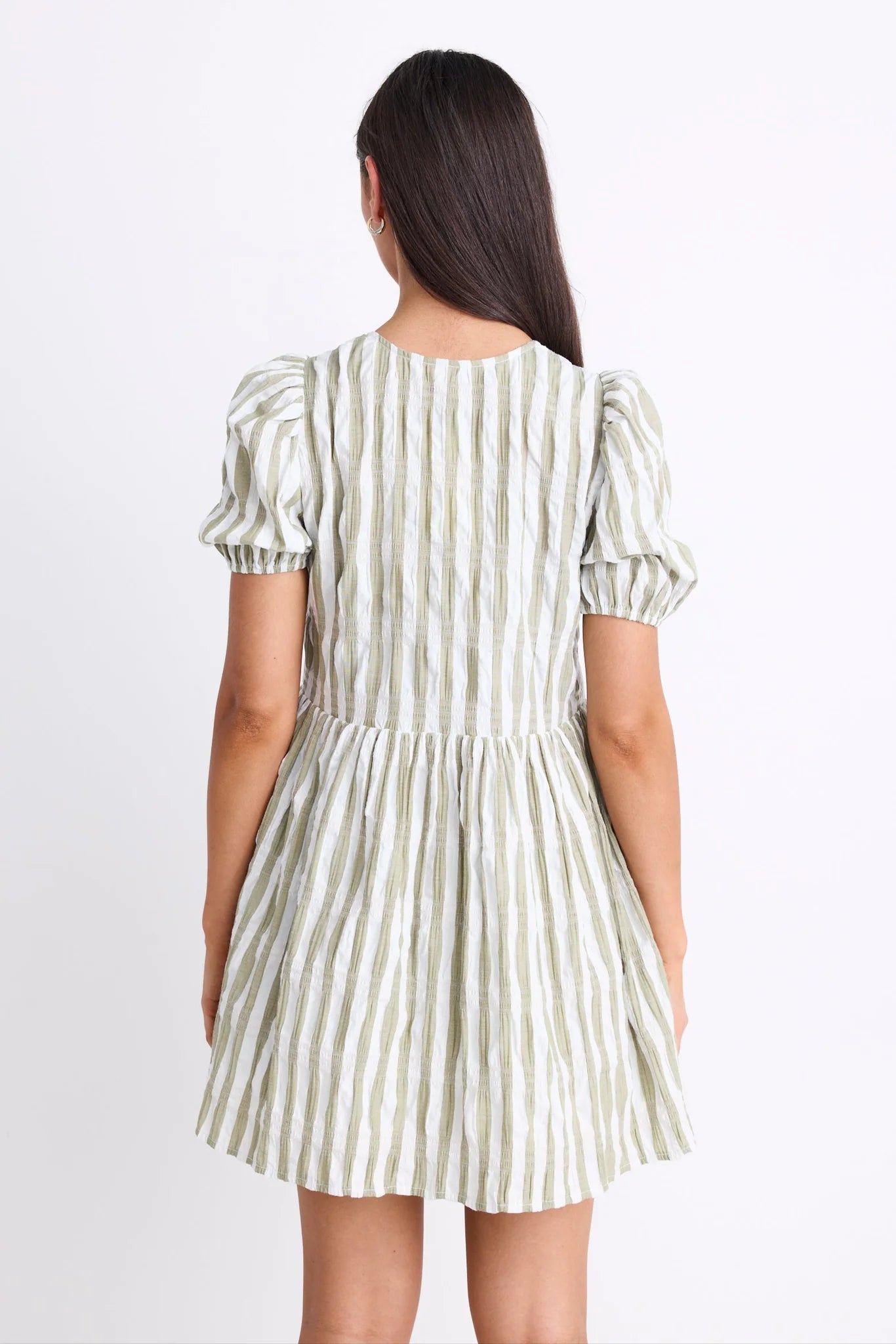 Frontier Puff Sleeve Tie Mini Dress / Khaki Stripe