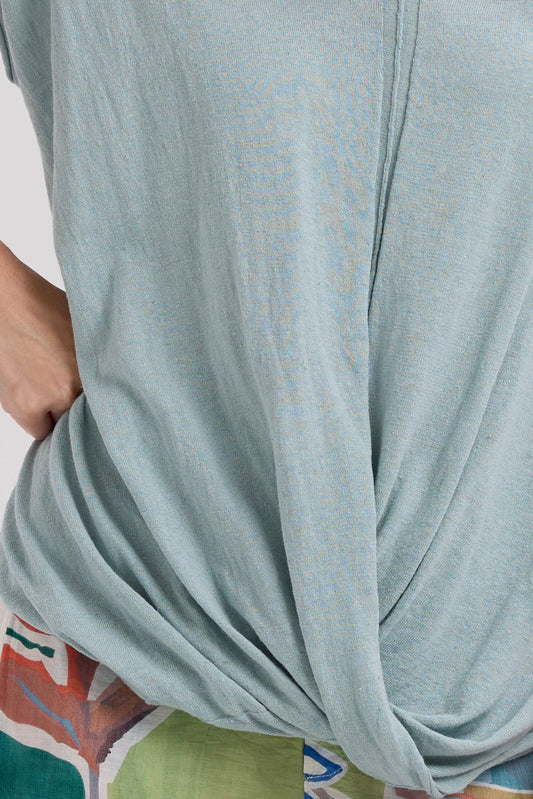 Close-up of a light blue top with a plain background