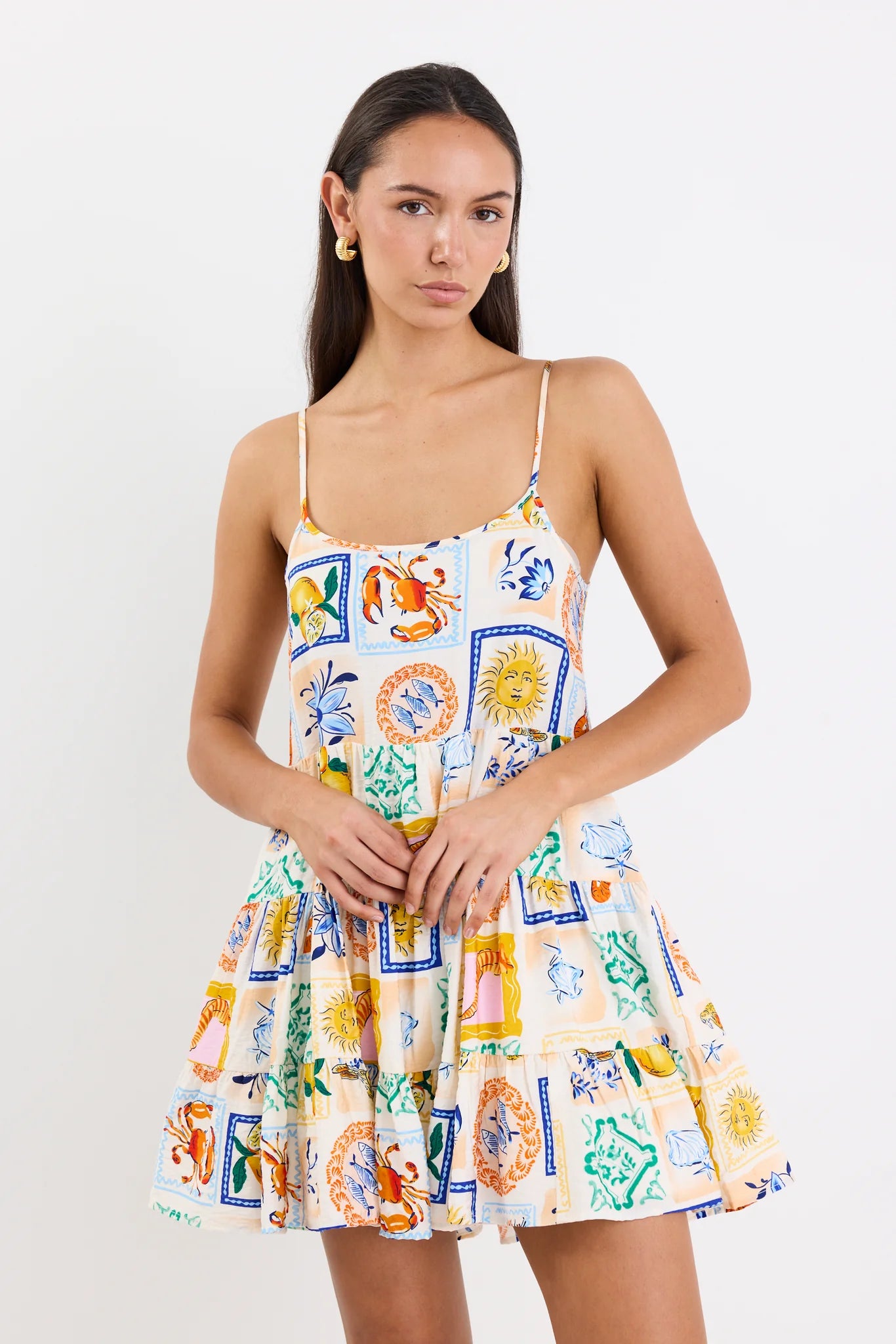 Memphis Strappy Tiered Mini Dress / Holiday Print