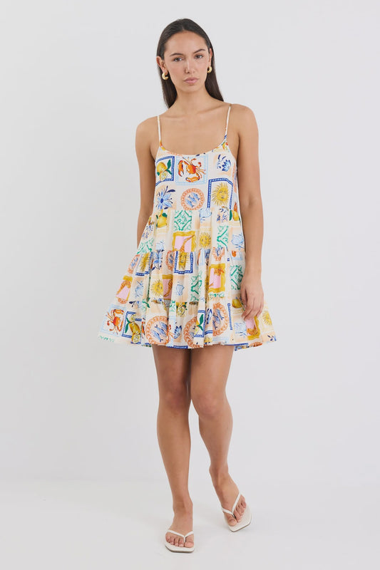 Memphis Strappy Tiered Mini Dress / Holiday Print
