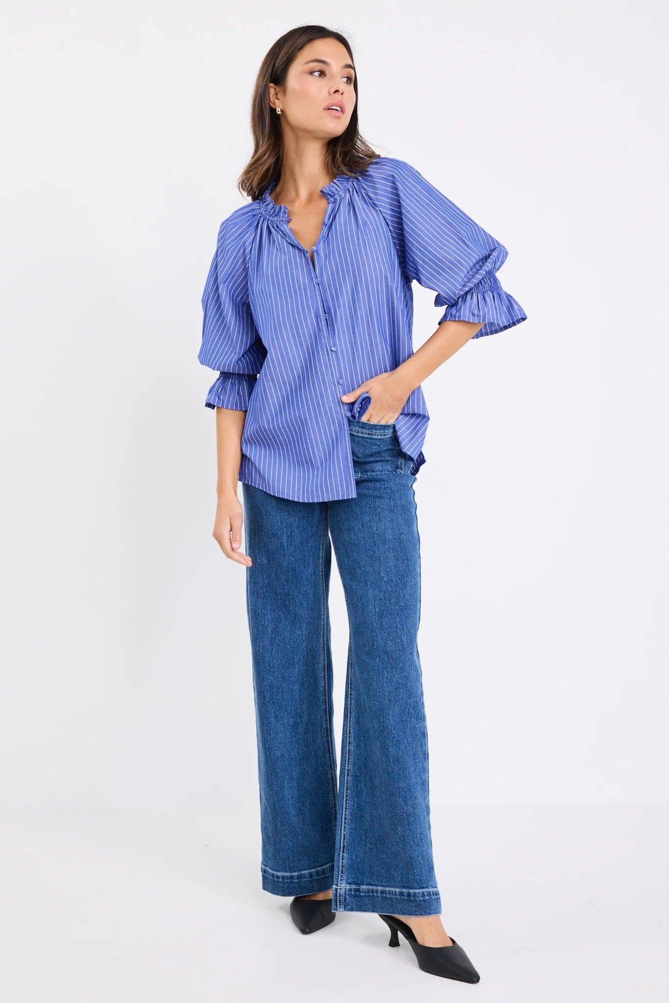 Noetic Stripe Short Sleeve Blouse / Dark Blue